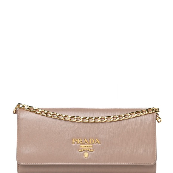 Prada Handbags - Authentic Beige Leather Clutch with Gold Chain